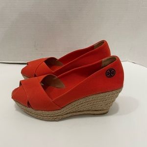 Tory Burch WMN Sz/9.5 Red Filipa Espadrille Wedge Peep Toe Sandals